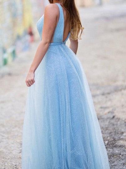 A-line V Neck Shiny Light Blue Long Tulle Prom Dress For Teens