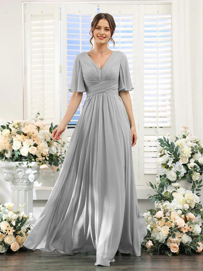 A-Line V Neck Sleeve Long Chiffon Formal Party Dresses for Wedding Guest Bridesmaid Dress