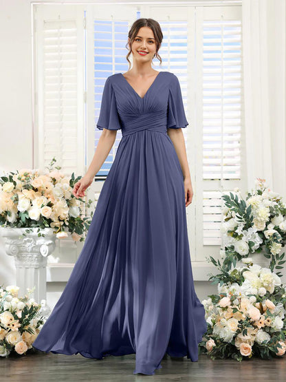 A-Line V Neck Sleeve Long Chiffon Formal Party Dresses for Wedding Guest Bridesmaid Dress