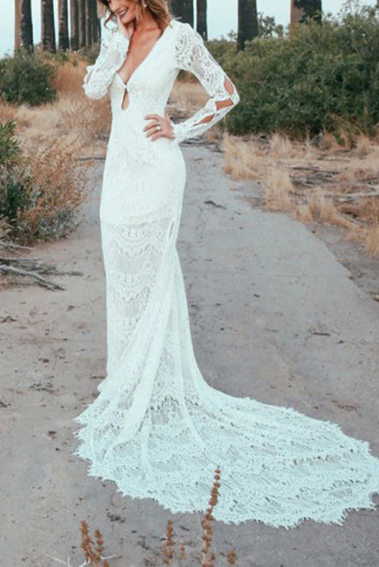 Mermaid Wedding Dresses V Neck Long Sleeves With Applique