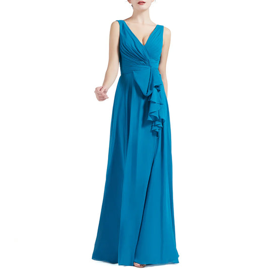 A Line V Neck Long Pleated Wedding Party Bridesmaid Dresses