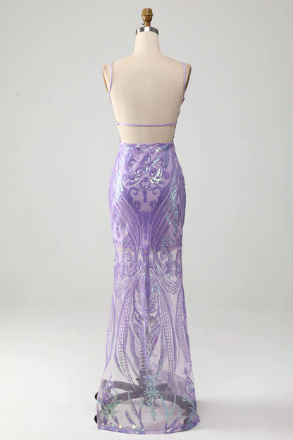 Light Purple Backless Prom Dress with Sequins