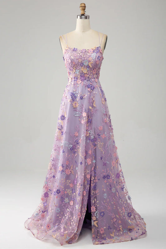 A Line Spaghetti Straps Front Slit Tulle Mauve formal dresses Bridesmaid Dresses evening gown Prom Dress With Embroidery