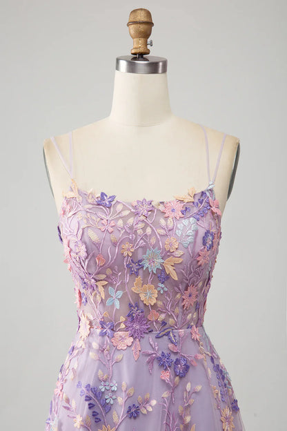 A Line Spaghetti Straps Front Slit Tulle Mauve formal dresses Bridesmaid Dresses evening gown Prom Dress With Embroidery
