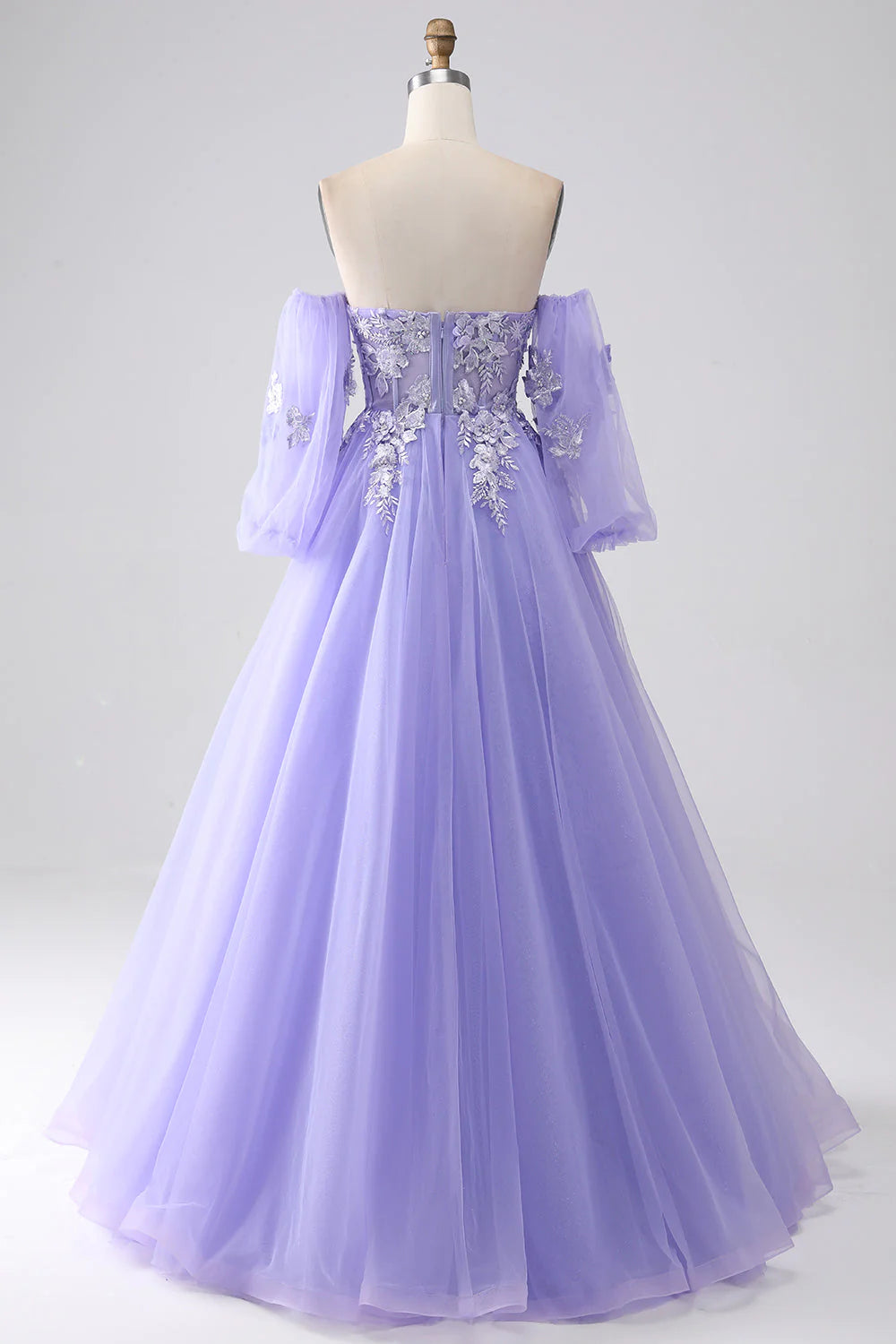 Long Sleeve A Line Lavender Tulle Beading Prom Dress main image 1