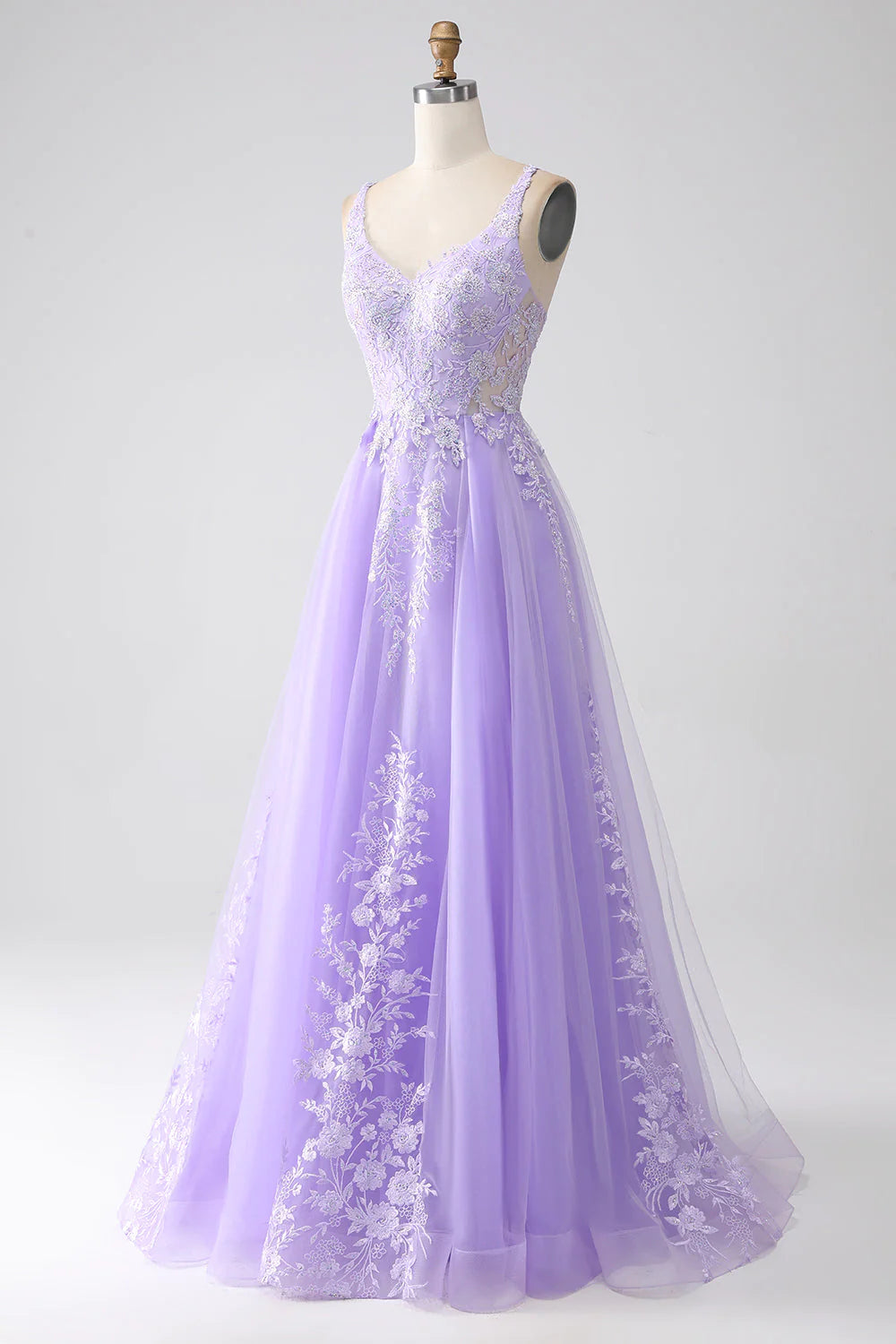 Lilac A-Line Spaghetti Straps Tulle Long Prom Dress with Appliques