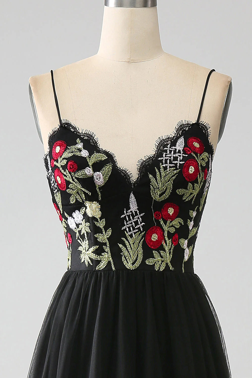 Black A-Line Spaghetti Straps Embroidered Long Corset Prom Dress