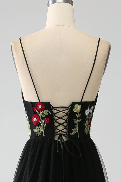 Black A-Line Spaghetti Straps Embroidered Long Corset Prom Dress