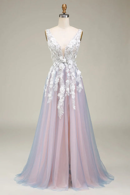 A-Line Keyhole Appliques Back Long Tulle Prom Dress with Split
