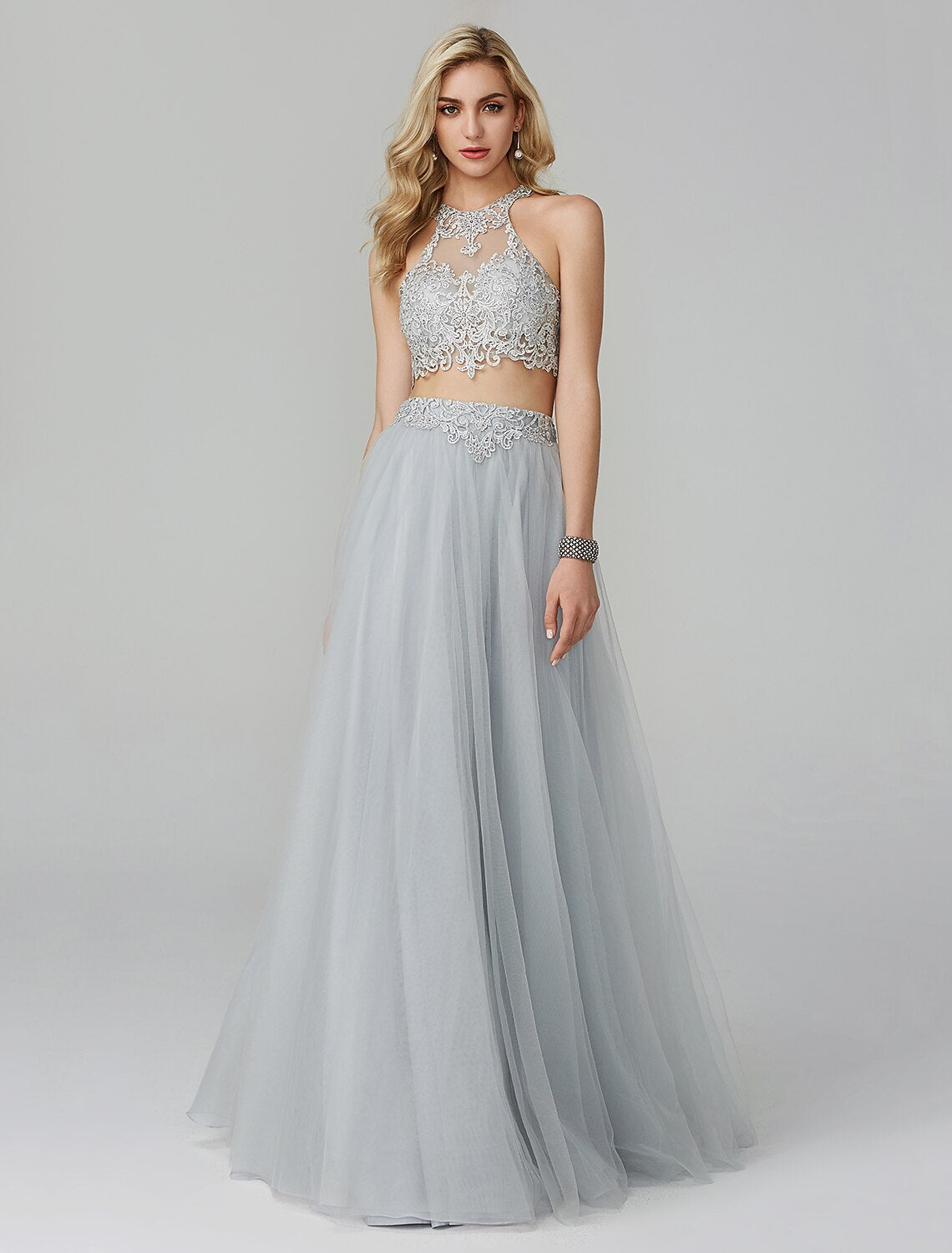 Two Piece Empire Prom Formal Evening Dress Halter Neck Sleeveless Floor Length Lace with Applique