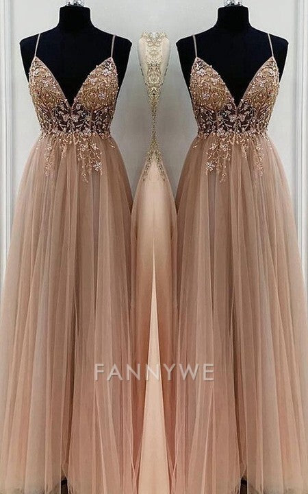 A-Line/Elegant Spaghetti Straps Sleeveless Beading Tulle Floor-Length formal dresses Bridesmaid Dresses evening gown Prom Dress With Split