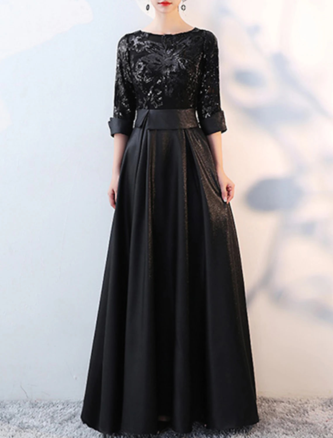 A-Line Glittering Elegant Prom Formal Evening Dress Jewel Neck 3/4 Length Sleeve Floor Length Satin with Sequin