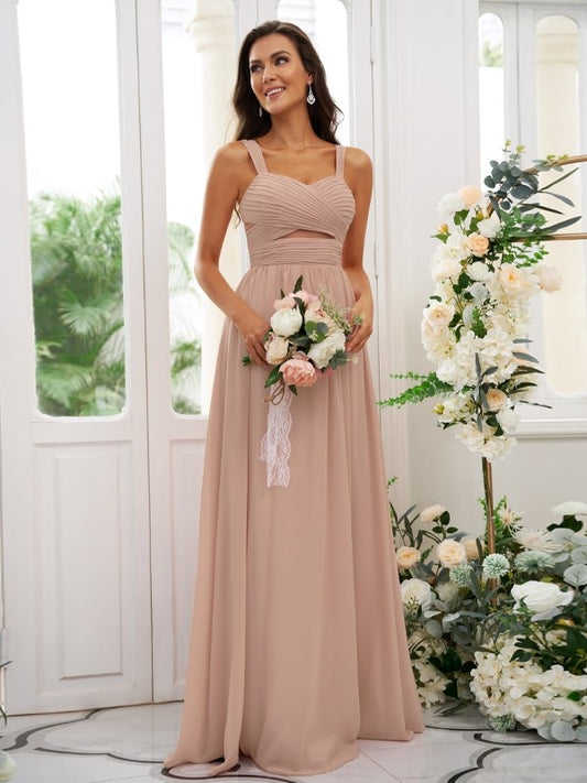 A-Line/Princess Chiffon Ruched Straps Sleeveless Floor-Length Bridesmaid Dresses