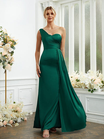 Sheath/Column NS Woven Satin Ruched One-Shoulder Sleeveless Floor-Length Bridesmaid Dresses