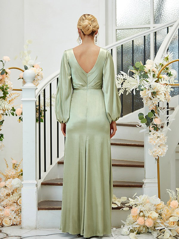 Sheath/Column Silk like Satin Ruched V-neck Long Sleeves Floor-Length Bridesmaid Dresses