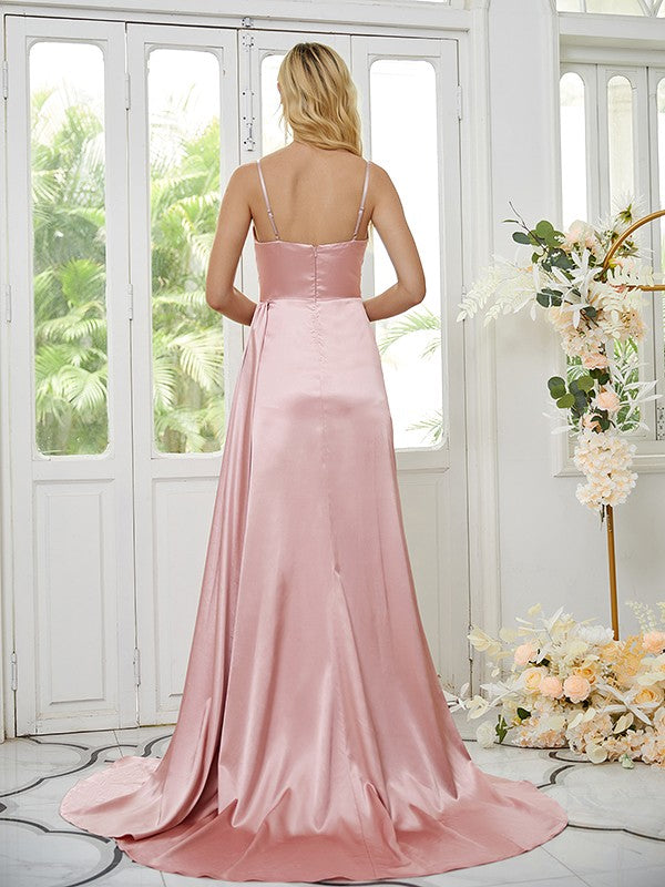 Sheath/Column Woven Satin Ruched Spaghetti Straps Sleeveless Sweep/Brush Train Bridesmaid Dresses