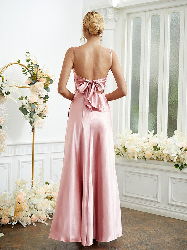 Sheath/Column Woven Satin Ruched Spaghetti Straps Sleeveless Floor-Length Bridesmaid Dresses