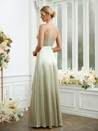 A-Line/Princess Silk like Satin V-neck Sleeveless Floor-Length Bridesmaid Dresses