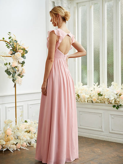 A-Line/Princess Chiffon Ruched V-neck Sleeveless Floor-Length Bridesmaid Dresses