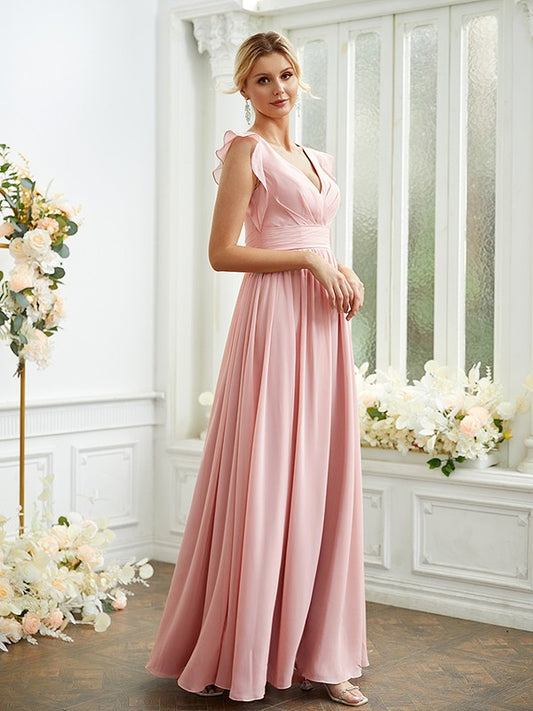 A-Line/Princess Chiffon Ruched V-neck Sleeveless Floor-Length Bridesmaid Dresses