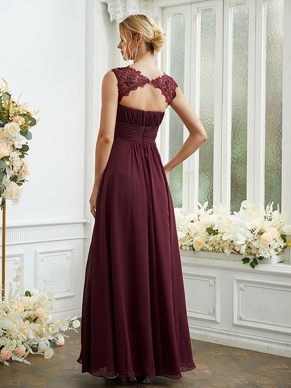 A-Line/Princess Chiffon Lace Scoop Sleeveless Floor-Length Bridesmaid Dresses