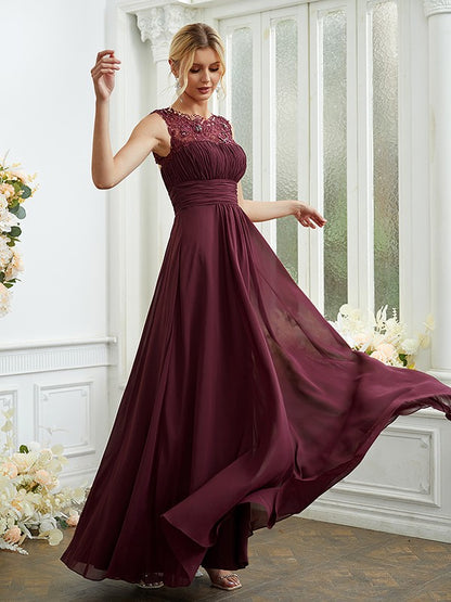 A-Line/Princess Chiffon Lace Scoop Sleeveless Floor-Length Bridesmaid Dresses