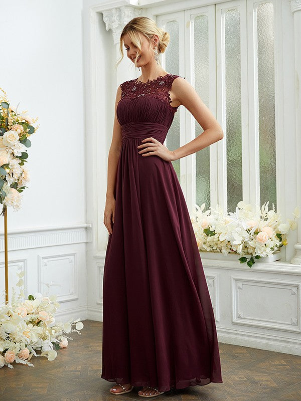 A-Line/Princess Chiffon Lace Scoop Sleeveless Floor-Length Bridesmaid Dresses