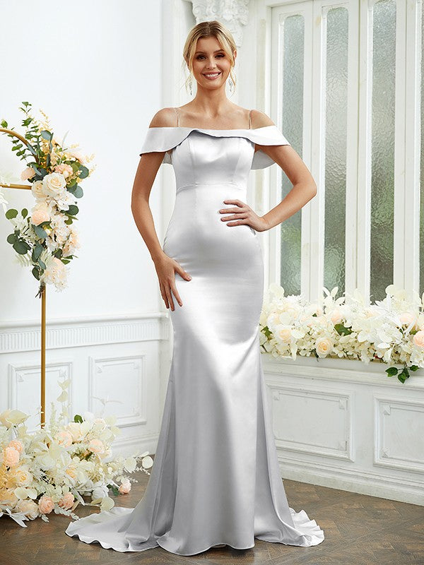 Sheath/Column Woven Satin Spaghetti Straps Sleeveless Sweep/Brush Train Bridesmaid Dresses