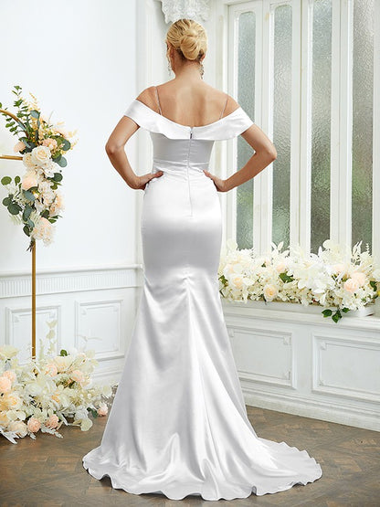 Sheath/Column Woven Satin Spaghetti Straps Sleeveless Sweep/Brush Train Bridesmaid Dresses