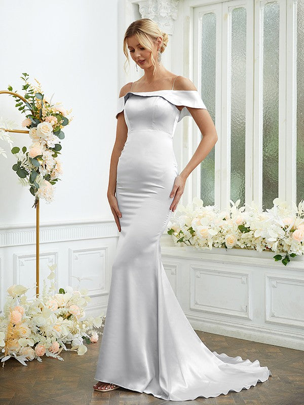 Sheath/Column Woven Satin Spaghetti Straps Sleeveless Sweep/Brush Train Bridesmaid Dresses