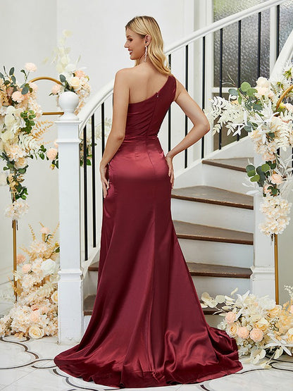 Sheath/Column Woven Satin Ruched One-Shoulder Sleeveless Sweep/Brush Train Bridesmaid Dresses