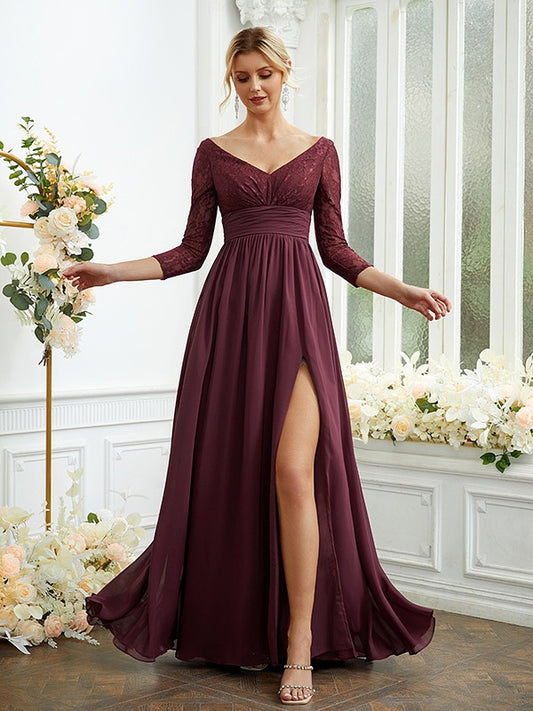 A-Line/Princess Chiffon Lace V-neck Long Sleeves Floor-Length Bridesmaid Dresses