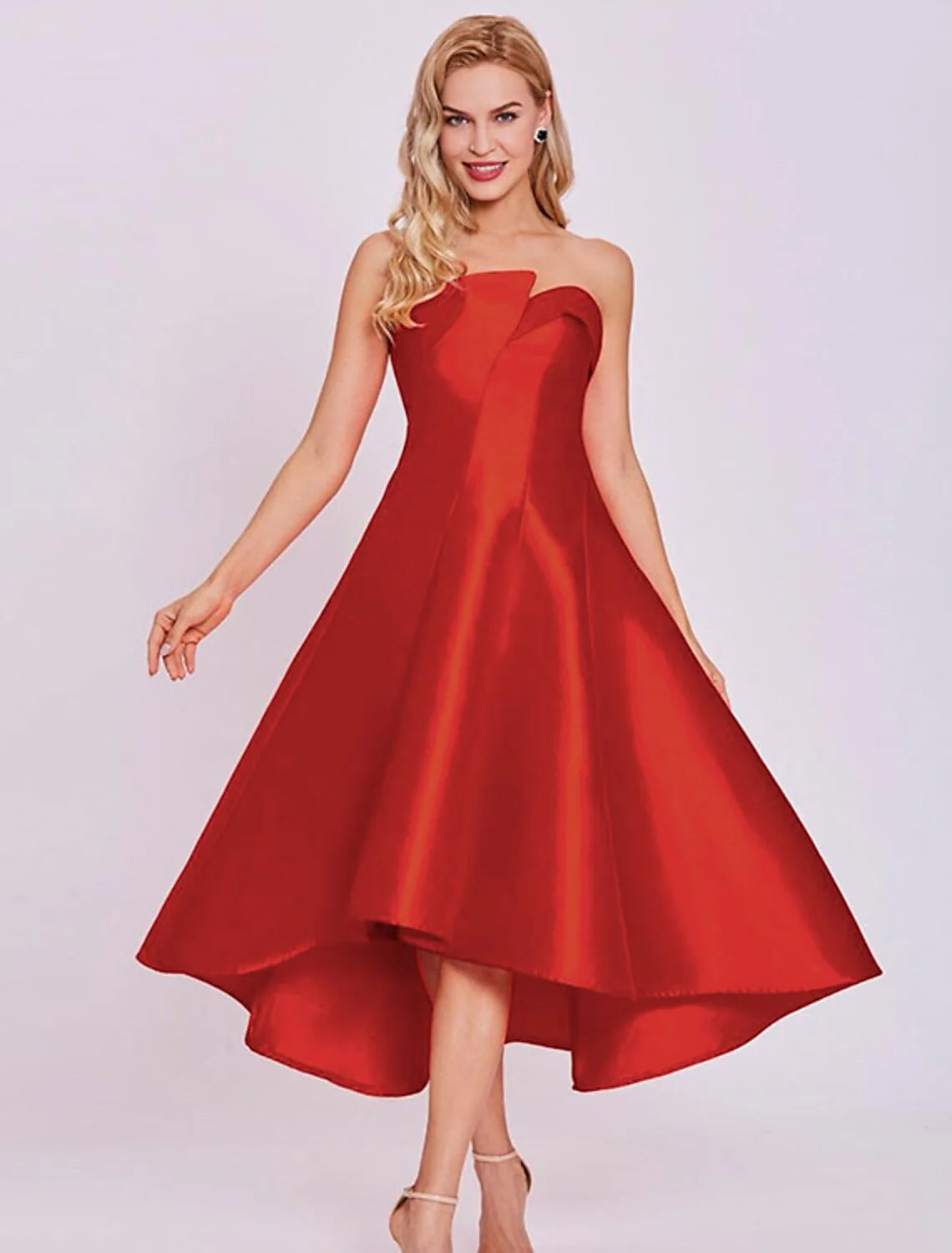 A-Line Cocktail Dresses Dress Homecoming Wedding Guest Tea Length Sleeveless Strapless Satin with Sleek