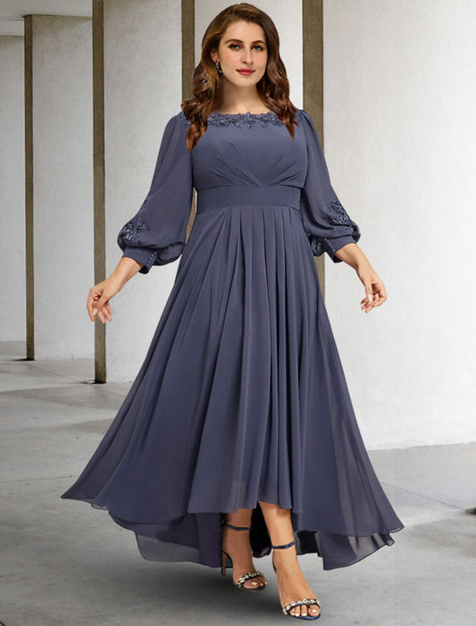 A-Line Mother of the Bride Dresses Plus Size Hide Belly Curve Elegant Dress Formal Asymmetrical 3/4 Length Sleeve Jewel Neck Chiffon with Pleats Appliques