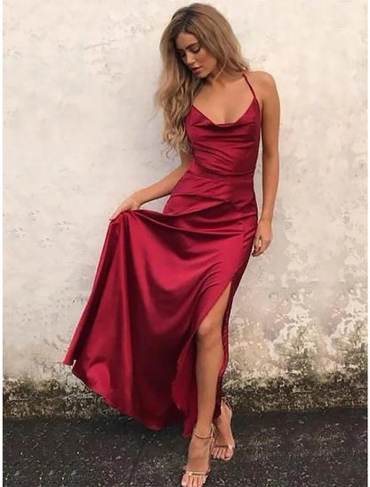 A-Line Beautiful Back Sexy High Split Engagement Prom Formal Evening Dress Spaghetti Strap Sleeveless Floor Length Satin with Ruffles Slit