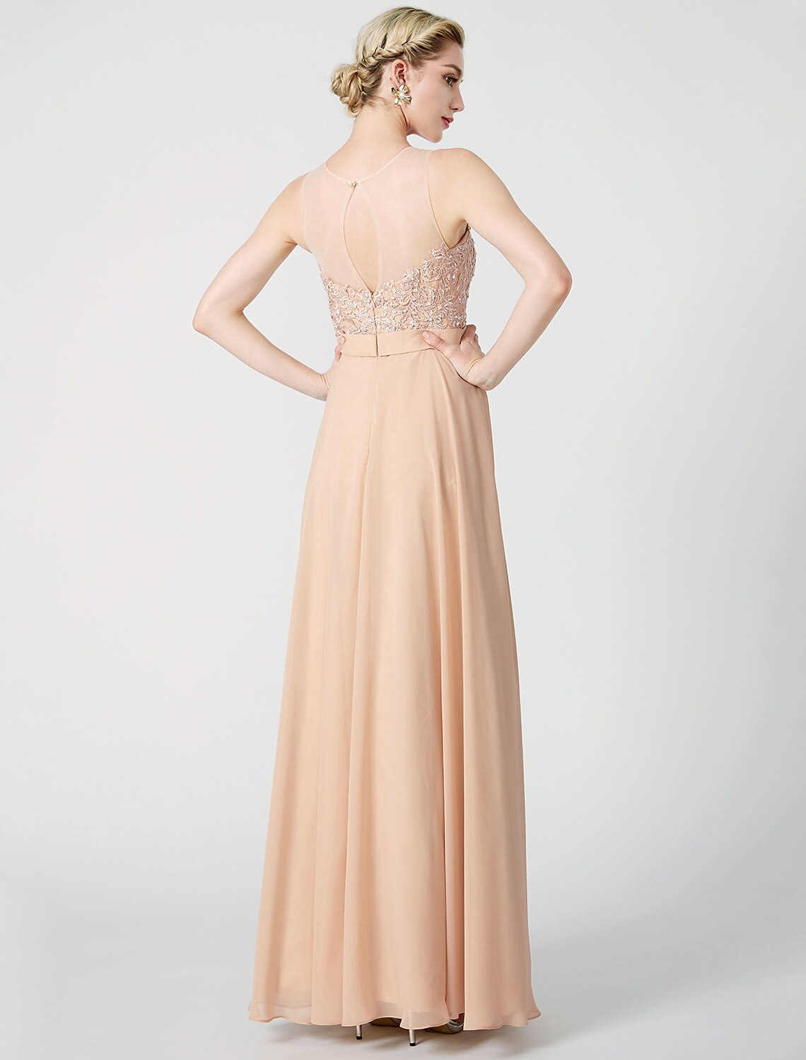 A-Line Classic & Timeless Keyhole Pastel Colors Holiday Cocktail Party Prom Dress Illusion Neck Sleeveless Floor Length Chiffon Beaded Lace with Pleats Appliques