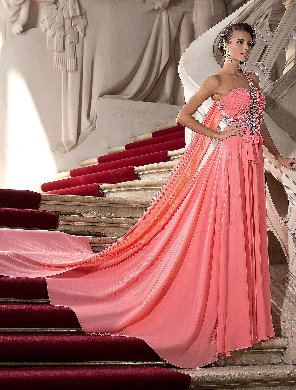 A-Line Elegant Dress Wedding Guest Engagement Court Train Sleeveless One Shoulder Chiffon with Crystals Draping