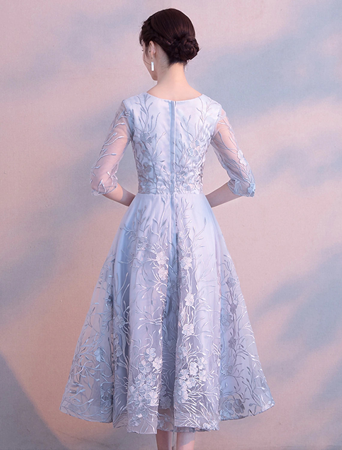A-Line Elegant Cocktail Party Prom Dress Jewel Neck 3/4 Length Sleeve
