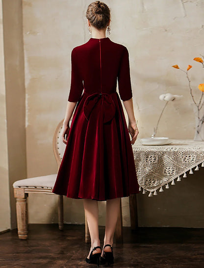 A-Line Vintage Party Wear Cocktail Party Dress V Neck Half Sleeve Tea Length Velvet with Sleek