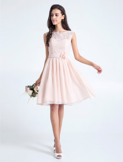 A-Line / Ball Gown Bateau Neck Floor Length Chiffon / Lace Bridesmaid Dress with Sash / Ribbon / Flower