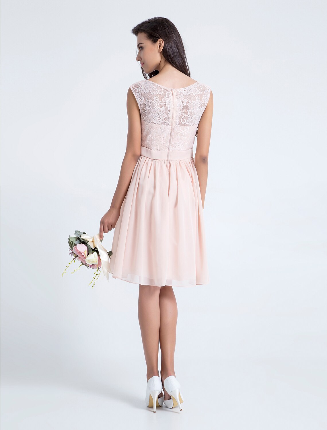 A-Line / Ball Gown Bateau Neck Floor Length Chiffon / Lace Bridesmaid Dress with Sash / Ribbon / Flower