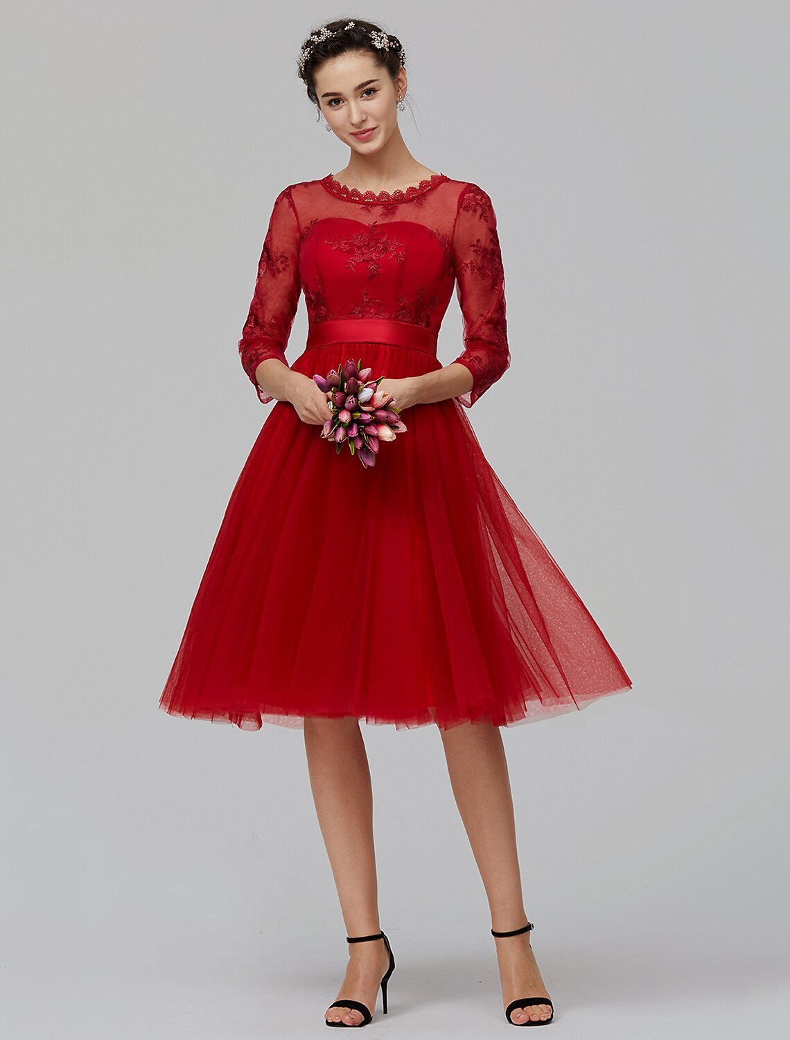 A-Line Jewel Neck Knee Length Tulle Bridesmaid Dress with Appliques / Bow(s) / Sash / Ribbon