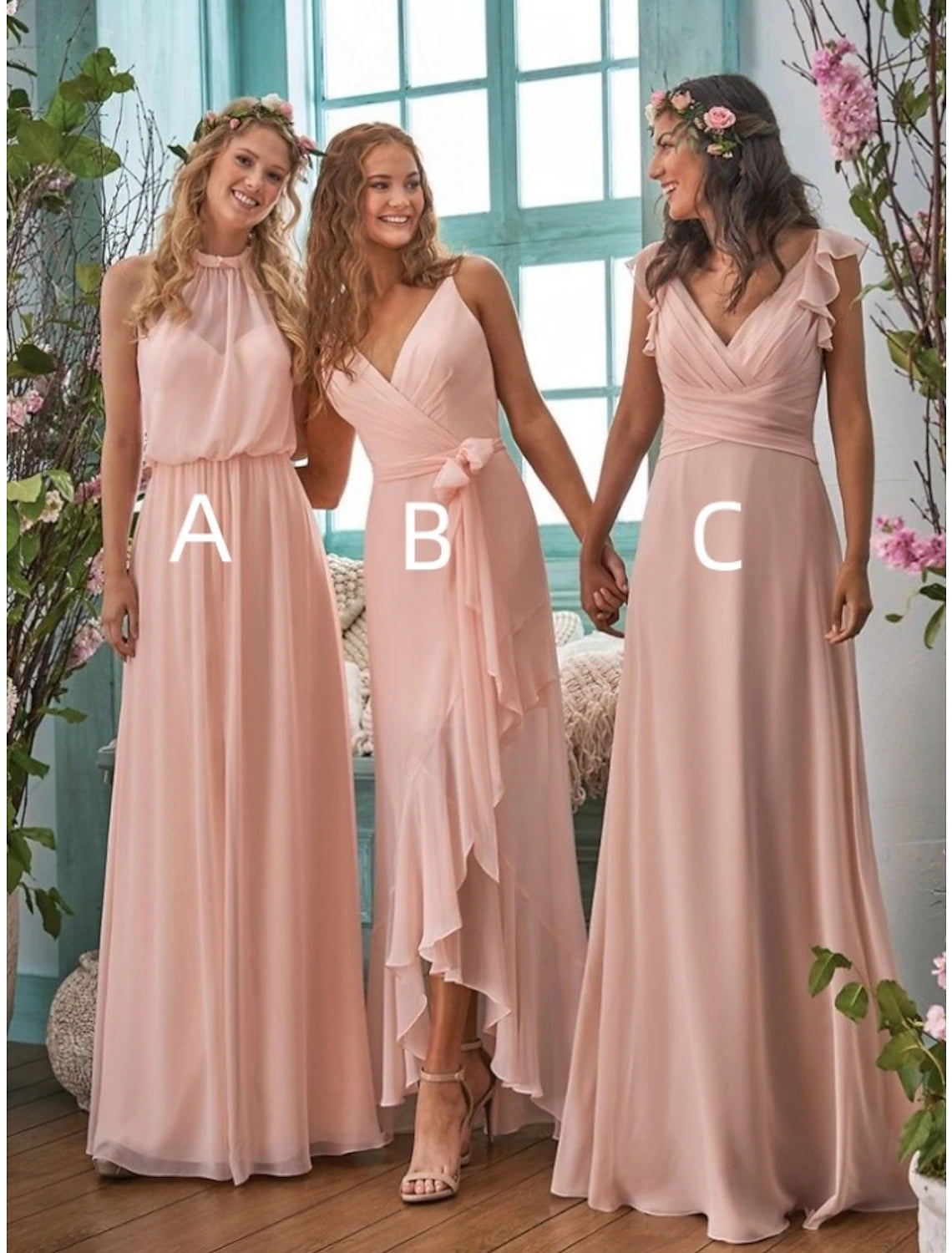 A-Line Bridesmaid Dress Halter Neck / V Neck Sleeveless Elegant Floor Length Chiffon with Split Front / Ruching / Solid Color