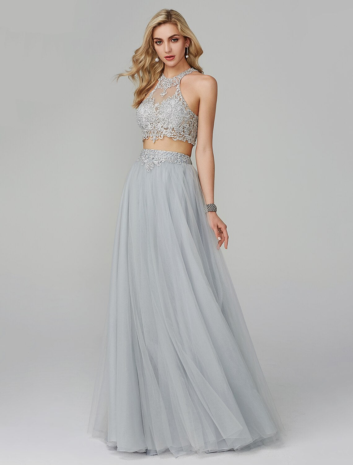 Two Piece Empire Prom Formal Evening Dress Halter Neck Sleeveless Floor Length Lace with Applique