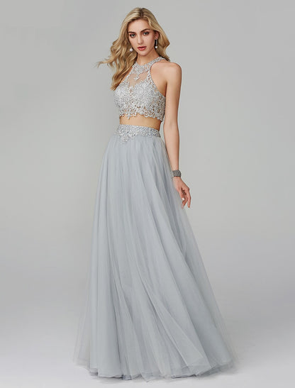 Two Piece Empire Prom Formal Evening Dress Halter Neck Sleeveless Floor Length Lace with Applique