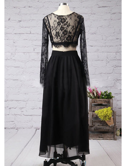 Two Piece A-Line Prom Dresses High Split Dress Formal Prom Floor Length Long Sleeve Jewel Neck Chiffon with Slit