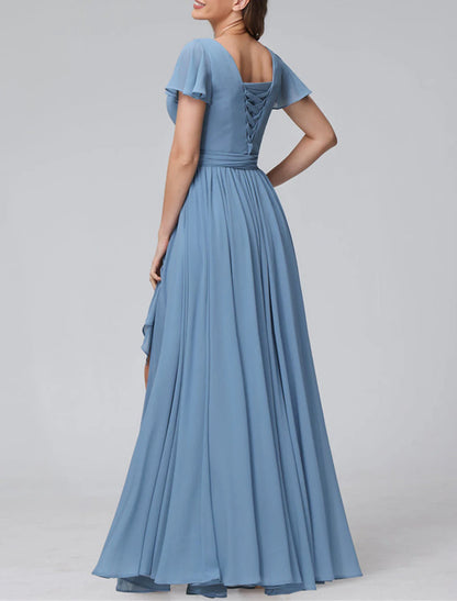 A-Line Bridesmaid Dress V Neck Short Sleeve Blue Floor Length Chiffon with Split Front / Ruching