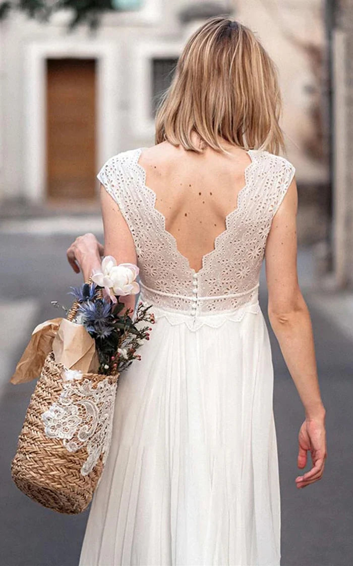 A Line Chiffon Low-V Back Lace V-neck Short Sleeve Wedding Dress