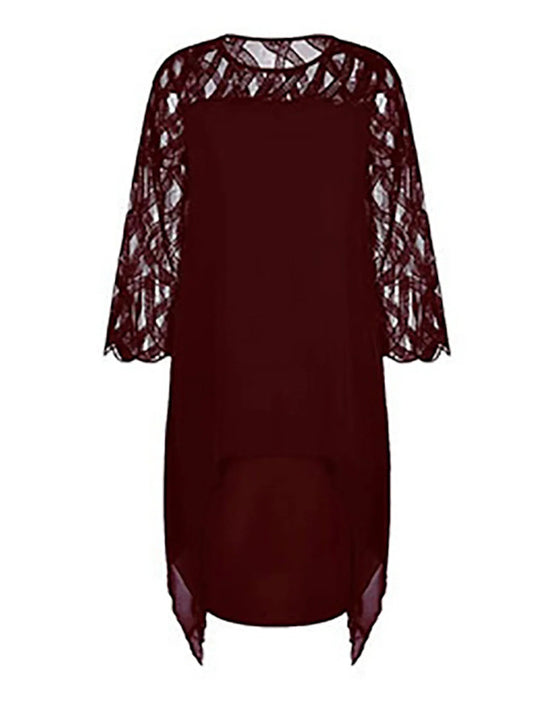 A-Line Elegant Cocktail Dress Semi-formal Party Dress Midi Jewel Neck 3/4 Length Sleeve Knee Length Lace with Sleek Splicing