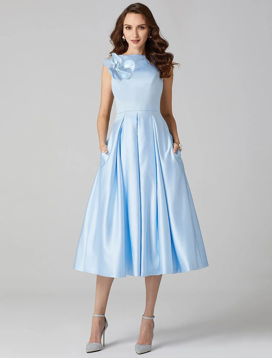 A-Line Cocktail Dresses Party Dress Formal Wedding Guest Tea Length Sleeveless Jewel Neck Pocket Satin with Pleats